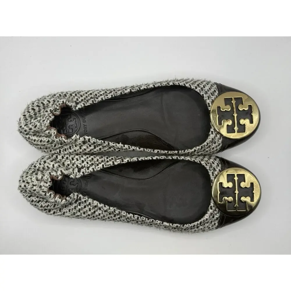 Tory Burch Serena Reva Tweed Logo Flats Sz 8.5